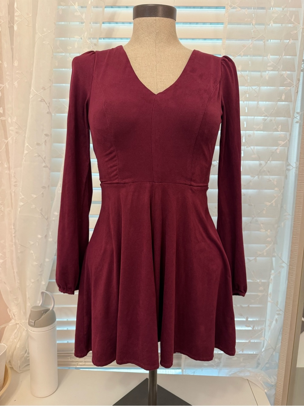 Altar'd State Burgundy V-Neck Long Sleeve Mini Dress
